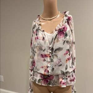 White House Black Market Floral Blouse - Pink and Gray